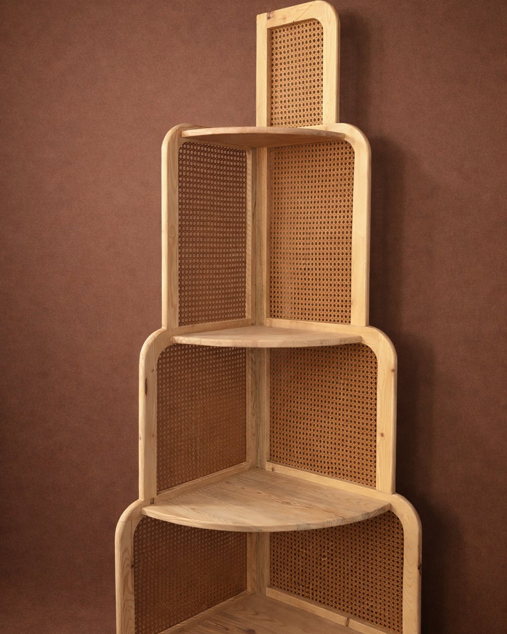 4 Katlı Ahşap Rattan Köşe Rafı