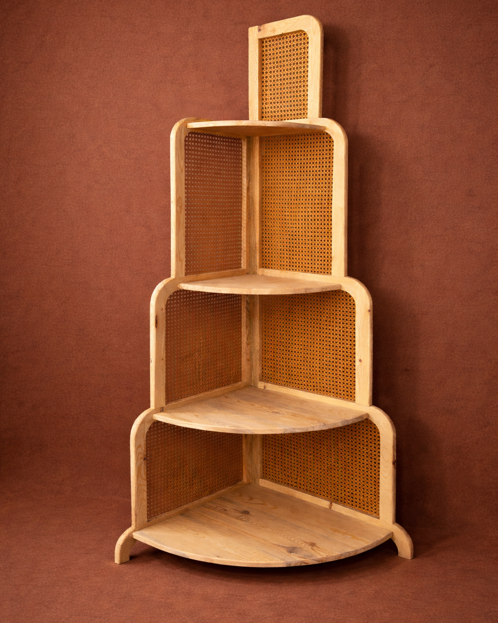 4 Katlı Ahşap Rattan Köşe Rafı